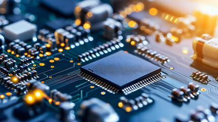 Obraz premium Close Up Of A Complex Blue Circuit Board With A Black Microchip And Gold And Orange Illuminated Components