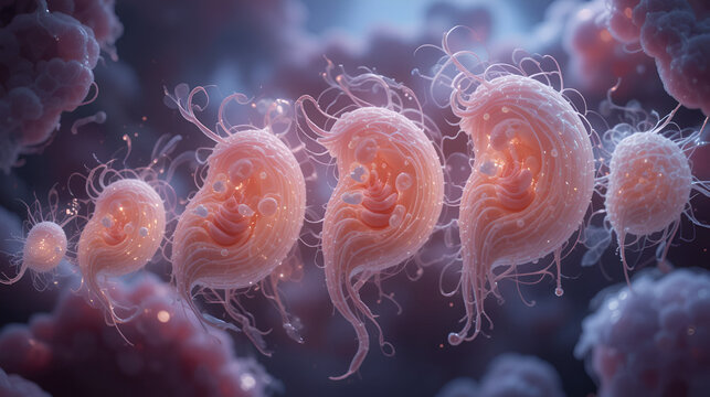 Embryonic development from fertilization to early growth stages visualized. Concept Fertilization, Embryonic Development, Early Growth, Cell Division, Developmental Stages