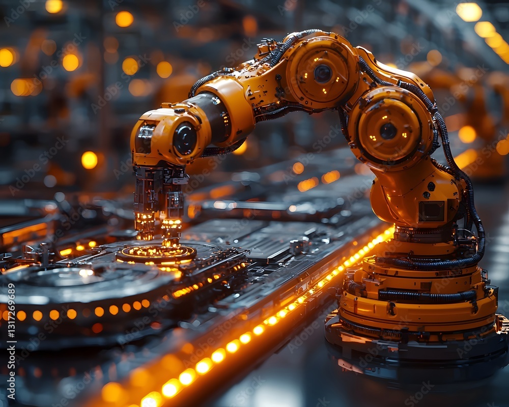 Poster dynamic glowing assembly line producing high tech products with robotic and human