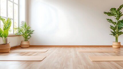 Fototapeta premium Calm and Serene Yoga Studio with Mats and Plants by Large Bright Windows