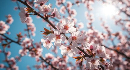 Spring Blossoms Close Up View - Delicate pink blossoms, bright sunlight, vibrant nature, springtime renewal, beauty in nature