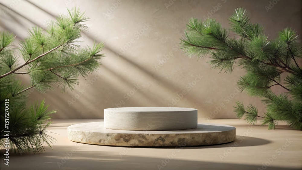 Poster Stone pedestal with a round platform surrounded by pine tree branches in a natural setting