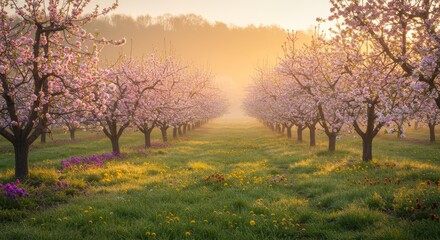 Fototapeta premium Spring Orchard Sunrise Blossoms - Vibrant floral scene, sunrise light, blossoming trees, peaceful nature, springtime renewal. Symbolizes new beginnings, beauty, tranquility, growth, and hope
