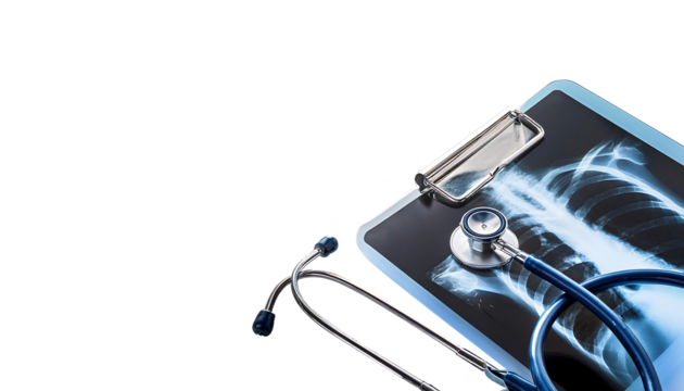 Stethoscope on empty clipboard and X-ray isolated on transparent background