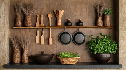 A classic Filipino cooking area with handcrafted bamboo shelves and locally made wooden kitchen tools.
