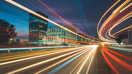 Nighttime cityscape featuring light trails from moving vehicles on a busy urban road