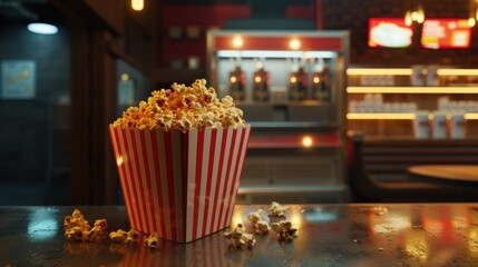 A cinematic close-up of a box of popcorn overflowing with freshly pressed golden kernels, placed on a classic movie theater stand.