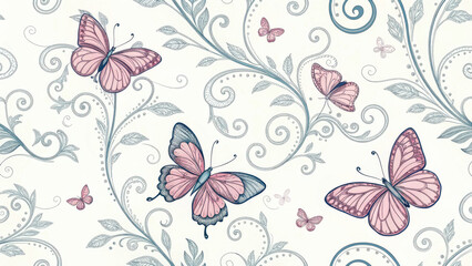 Seamless pattern with hand drawn butterflies and floral elements, featuring delicate pink and blue hues. This design evokes sense of whimsy and nature beauty