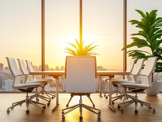 Fototapeta premium Modern Office Conference Room with Sunset View and Green Plant Silhouette in Background