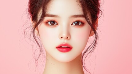 Fototapeta premium A close-up of a young Korean woman with balanced facial features, smooth complexion, and a soft neutral background.