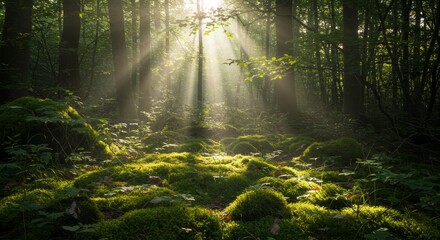 Obraz premium Sunbeams Filtering Through Forest Canopy - Mystical sunlit forest, mossy ground, peaceful nature scene. Symbolizes serenity, renewal, growth, magic, and tranquility