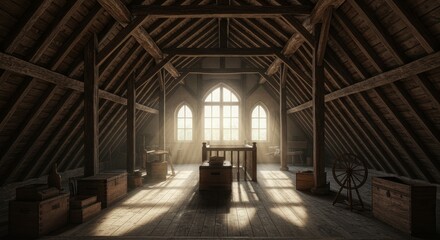 Sunlit Attic Interior with Wooden Trusses - Serene attic space, sunlight streams through arched windows illuminating wooden beams, chests, and a spinning wheel. Symbolizes: tranquility, history