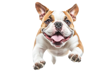 A joyful bulldog leaps into the air with a wide smile, showcasing its playful spirit. The dog's exuberance is evident in its energetic pose against a bright background