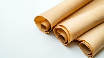 Fototapeta premium Rolled Craft Paper Sheets on White Surface for Creative Projects and Art Design