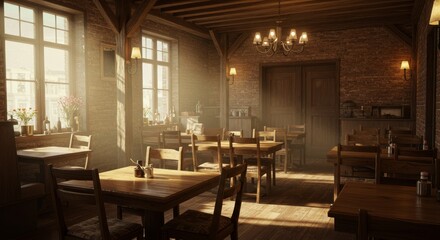 Fototapeta premium Sunlit Cafe Interior: Warm Atmosphere and Empty Tables - A cozy cafe interior bathed in warm sunlight streaming through large windows. Empty wooden tables and chairs create a tranquil scene