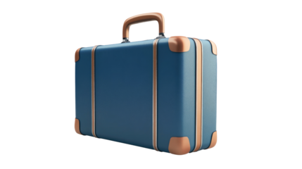 A trendy blue suitcase features copper corners and zipper details, ideal for stylish travel. This durable bag is perfect for packing clothes and accessories for trips