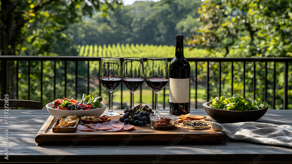 Poster elegant table setting with wine and fresh foods in a vineyard. generative ai