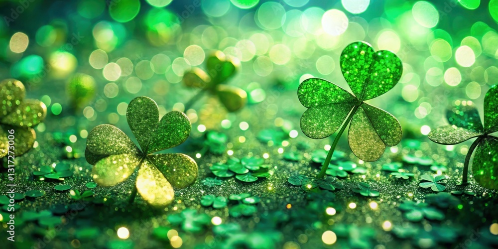 Poster sparkling shamrock leaves adorned with glitter on a green background with defocused lights
