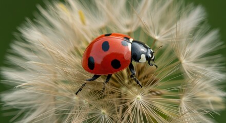 Naklejka premium Ladybug Crawling on Dandelion Seed Head Against a Green Background