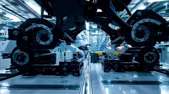 Robotic assembly line transforms manufacturing. Multiple white robotic arms perform synchronized manufacturing tasks on a high-tech production line with illuminated circuit board surface