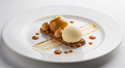 Caramelized dessert with vanilla ice cream  - Creamy Dessert with Caramel Sauce for Restaurant Menu Photography, Gourmet Food Blogs, Catering Portfolios, and Seasonal Dessert Features