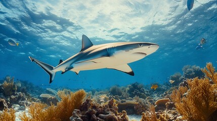 Fototapeta premium Grey reef shark swimming over vibrant coral reef in clear blue ocean water. Sunlight filters from above. Peaceful underwater scene.