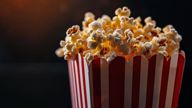 Cinematic close-up of a box of popcorn overflowing with freshly popped golden kernels against a smooth dark background.
