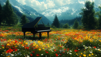 Grand Piano in a Vibrant Wildflower Meadow with Majestic Mountain Backdrop