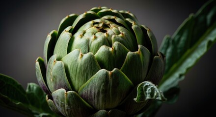 Fototapeta premium Fresh artichoke close-up with dark background and green leaves