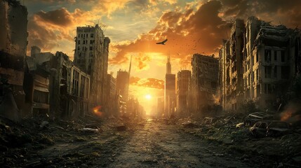 Post Apocalyptic Cityscape at Sunset: Ruins of a Destroyed Metropolis