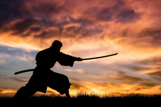 Silhouette of man practicing with sword at sunset in grassy field