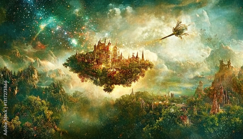 Aufkleber fantasy cityscape floating among illuminated clouds with vibrant colors a fantastical scene a distan