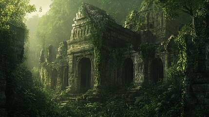 Obraz premium Ancient Jungle Temple Ruins Overgrown with Lush Vegetation Mysterious Lost City Exploration
