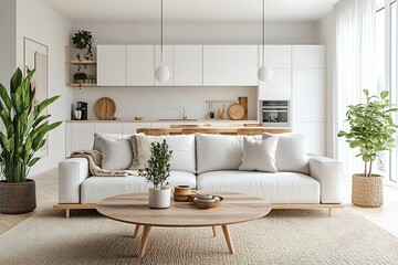 Modern Minimalist Living Room Interior Design with White Sofa and Open Kitchen