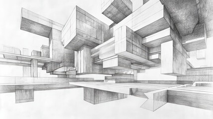Surreal Architectural Dreamscape Rendered in Pencil Featuring Abstract Structures and Geometric Forms