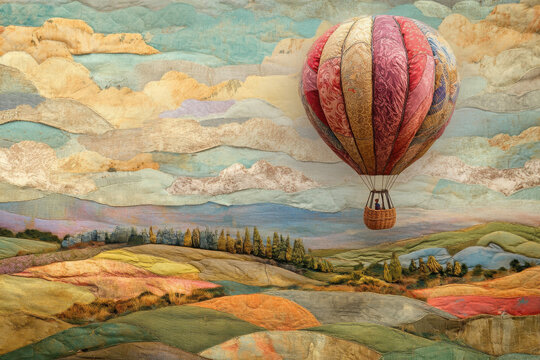 Colorful hot air balloon floats above a vibrant, quilt-like landscape depicting rolling hills and a patchwork sky.