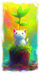 Cute cat character with plant in colorful pot, vibrant background