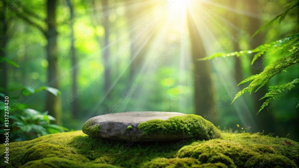 Poster sunlight streams through the forest canopy, illuminating a moss-covered rock in the heart of the woo
