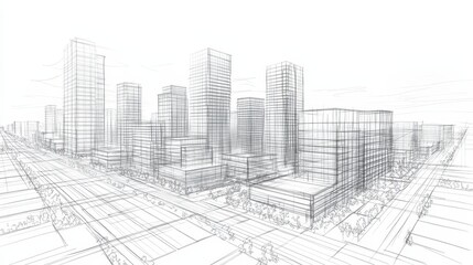 Urban Redevelopment Concept Sketch Featuring Massive Cityscape Structures and Architectural Design Elements