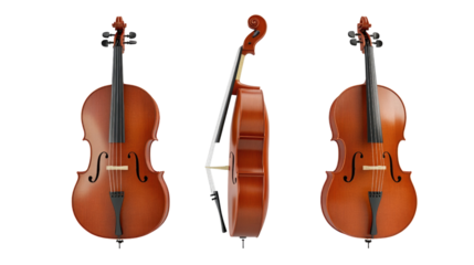 A wooden cello presents its classic shape and fine craftsmanship. The instrument reveals rich color tones and meticulous detailing, emphasizing its quality work and artistic design