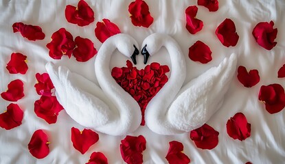 Romantic Towel Sculpture of Two Swans Surrounded by Rose Petals