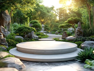 Serene Zen Garden with Circular Stone Platform Peaceful Nature Scene for Product Display