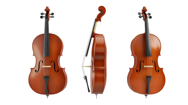 A wooden cello presents its classic shape and fine craftsmanship. The instrument reveals rich color tones and meticulous detailing, emphasizing its quality work and artistic design