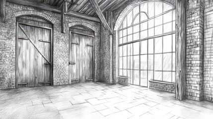 Detailed Pencil Drawing of Old Brick Warehouse Interior with Large Window and Wooden Doors