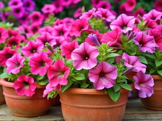 Pink petunias in pots.