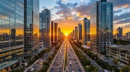 Fototapeta premium A modern cityscape featuring tall glass skyscrapers, a busy highway, and a vibrant sunset sky in the background. Concept of urban life. Ai generative