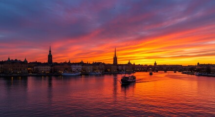 Fototapeta premium Sunset River Cityscape Panorama - Serene sunset over a city by the river, symbolizing peace, tranquility, urban beauty, vibrant colors, and the passage of time