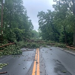 Tree branches blocking road after storm with green foliage and overcast sky