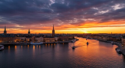 Sunset River Cityscape Panorama - Serene sunset over a river, city skyline, boats, vibrant colors, peaceful evening. Symbolizing tranquility, urban beauty, journey, golden hour, and reflection