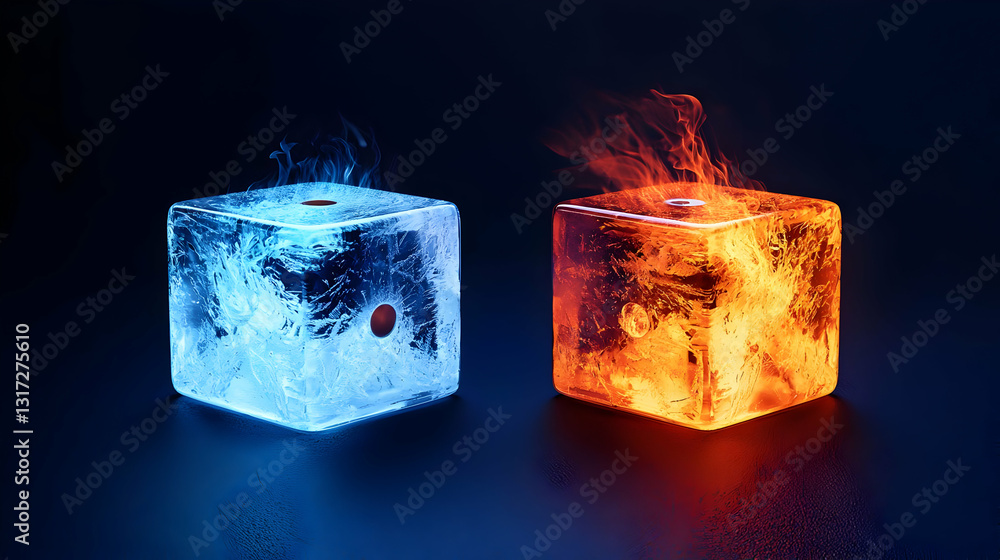 Poster ice and fire dice: two cubes embodying the duality of hot and cold elements in vivid contrast on a d